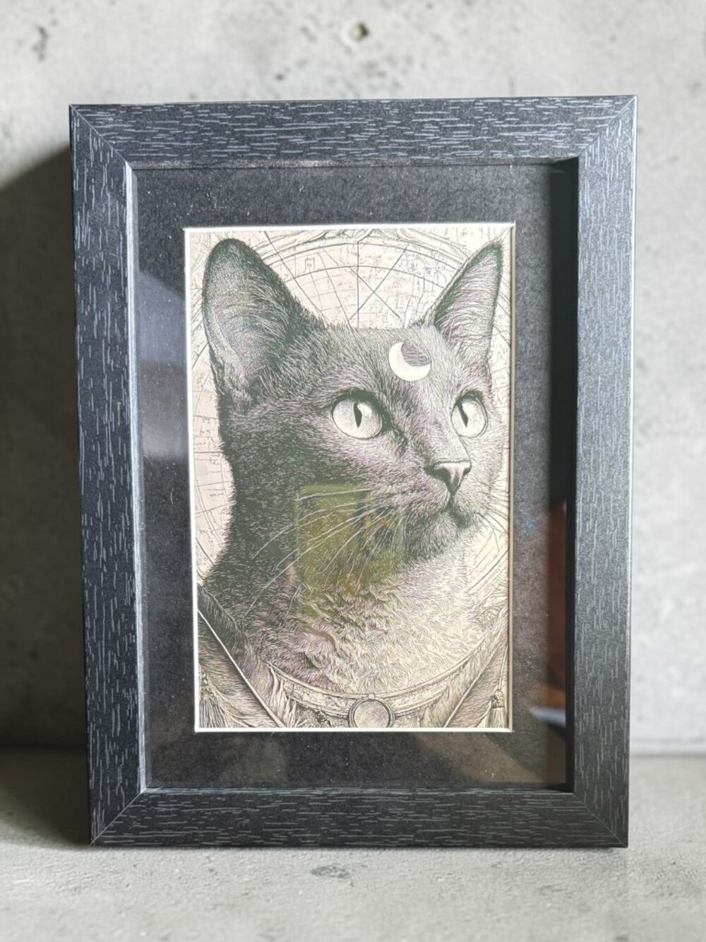 Black Cat with Crescent Moon Art Print | New 5x7 Framed Decor